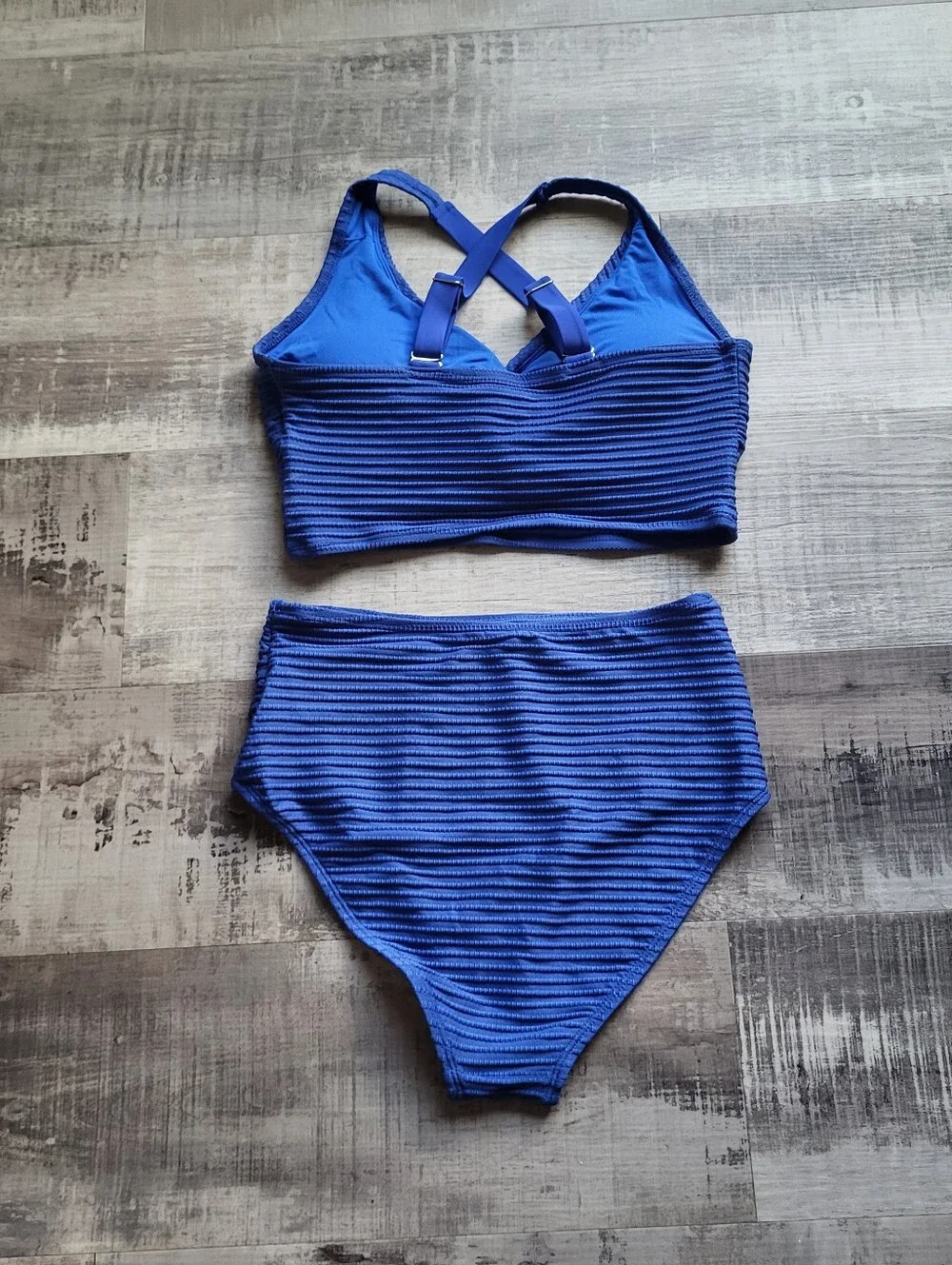 Two Piece Bikini Set Swimsuit Top & Bottom Size M NWOT Blue Textured High Waist